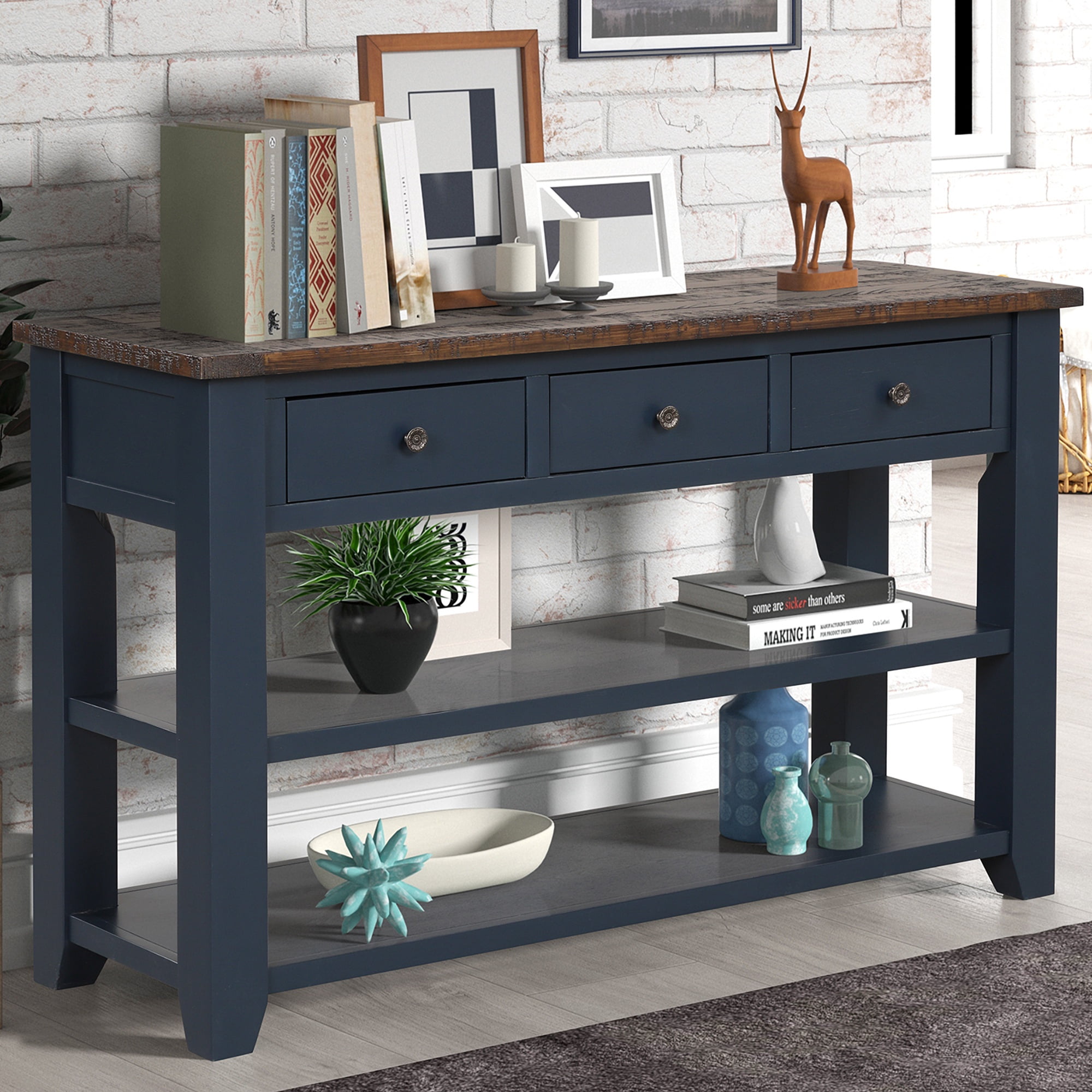 PORKISS Retro Solid Wood Console Table, Entryway Table Hallway Table with 3 Drawers 2 Shelves, Sofa Table for Living Room, Foyer, Blue