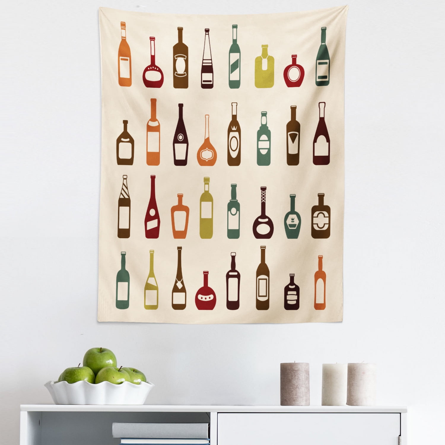 Alcohol Tapestry, Bottles of Various Alcoholic Strong Drinks Pattern with Whiskey Brandy and