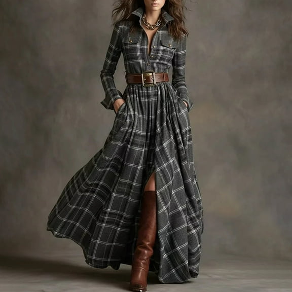 AUNVITO Women's Plaid Shirt Dress Long Sleeve Button Front with Belt Pockets Vintage Style