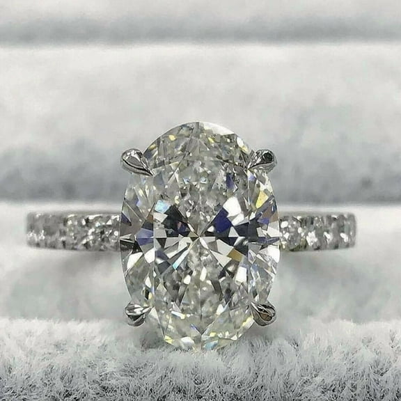4Ct Oval Cut Lab Created Diamond Solitaire With Accents Engagement Ring 14K White Gold Plated 925 Silver