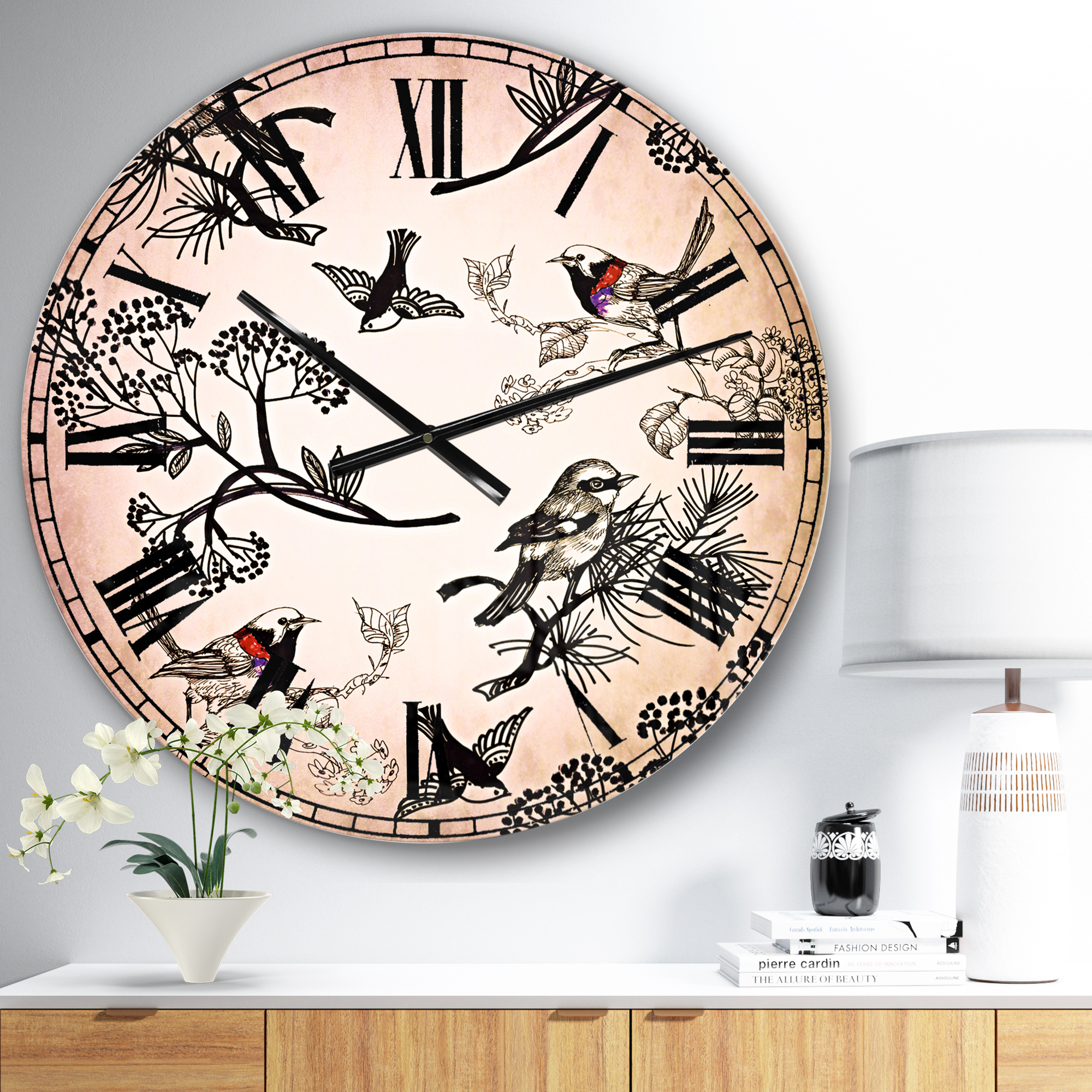 Designart 'Floral pattern with birds' Traditional Wall Clock
