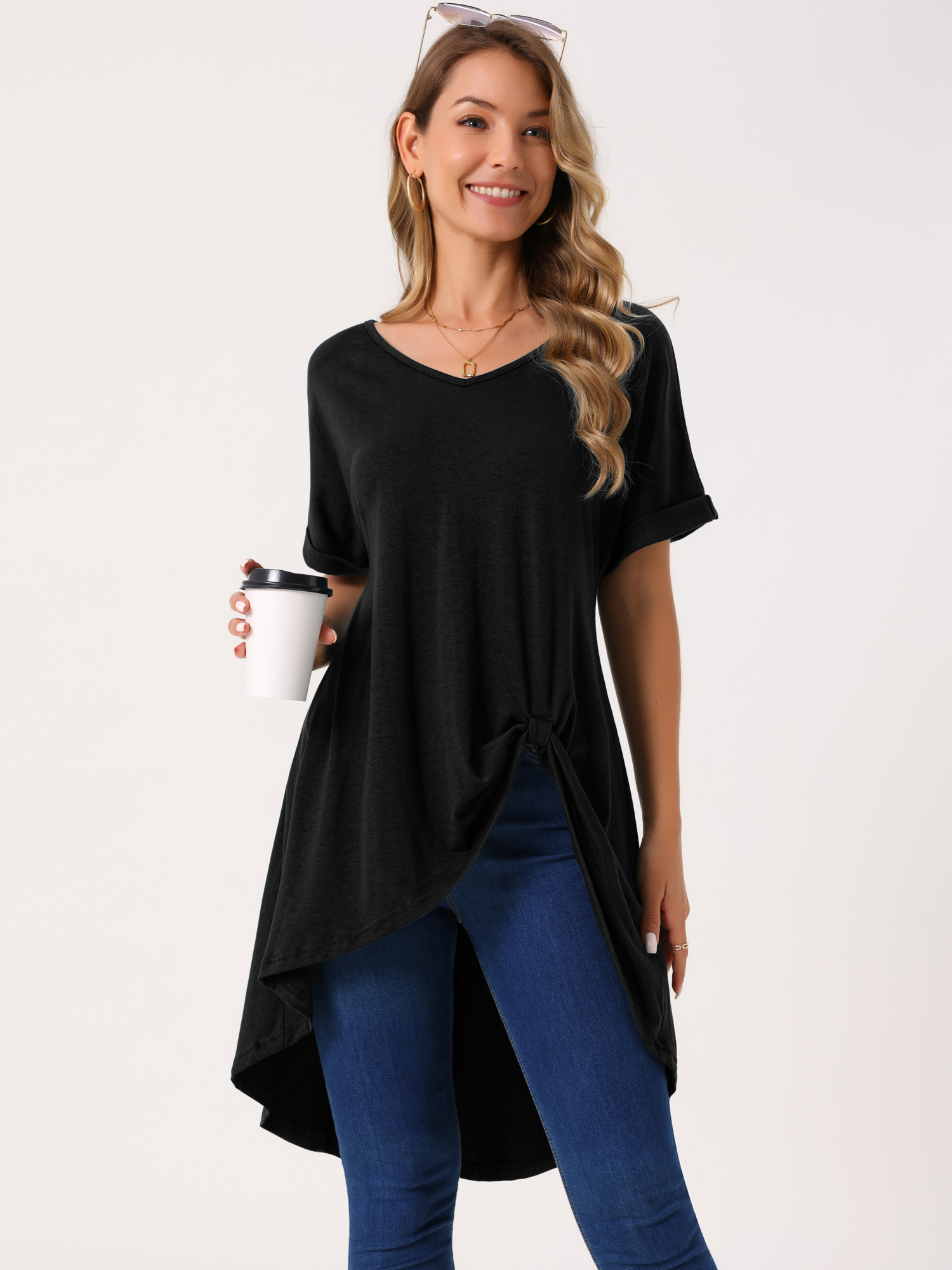 DARING DIVA Women's Short Sleeve High Low Tops Waist Knot Dressy Blouse Black M