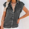 thumbnail image 6 of Riforla Summer Pure Color Retro Women's Short Sleeve Denim Shirt Womens Tops Grey L, 6 of 9