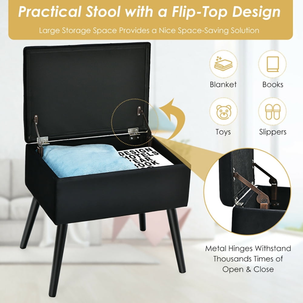 Finihen Velvet Storage Ottoman, Storage Foot Rest, Upholstered Footrest Stool, Velvet Footstool with Solid Wood Legs, for Makeup Room, Living Room, Bedroom, Black
