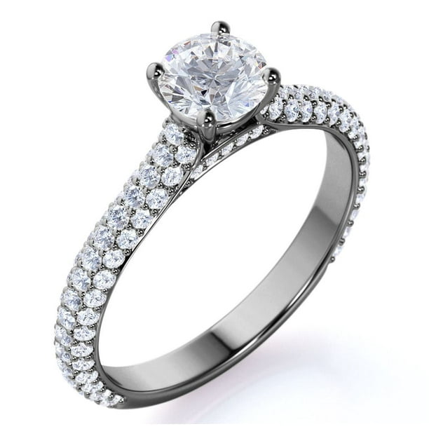 JeenMata Anillo de Compromiso de Moissanita de Fuego de Corte Redondo de 1,75 Quilates - Anillo de Compromiso Clásico - Anillo de Racimo - Oro Negro de 18 K sobre Plata