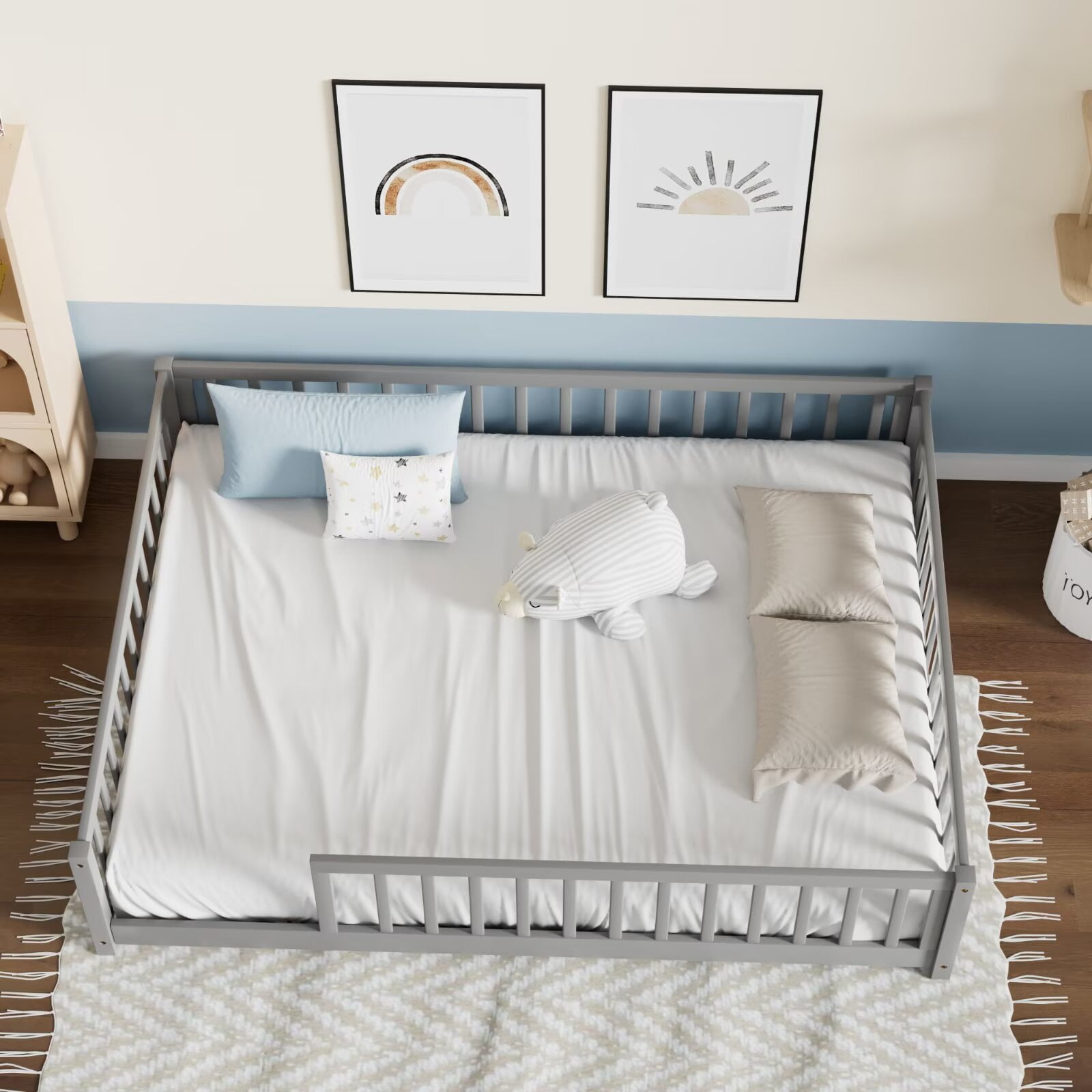 Full Floor Bed for Kids Toddlers, Multifunctional Montessori Bed Frame with Safety Guardrails and Wood Slats, Without Door, Easy Assemble, Grey