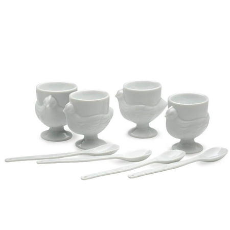 Porcelain Egg Cup Set - RSVP Porcelain Egg Cups and Spoons, Set of 4, Serve soft boiled eggs in our hen motif egg cups with matching egg spoons By RSVP International