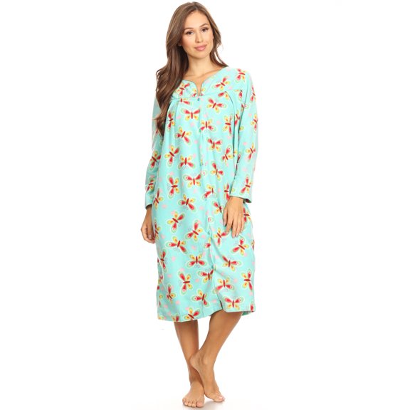 4045 Fleece Womens Nightgown Sleepwear Pajamas Woman Long Sleeve Sleep Dress Nightshirt Green XL