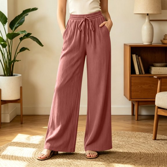 Gamviast Women's Wide Leg Lounge Pants Elastic Waist Drawstring Ribbed Knit Palazzo Pants with Pockets Lightweight Casual Trousers for Home Travel Everyday Wear Hot Pink M