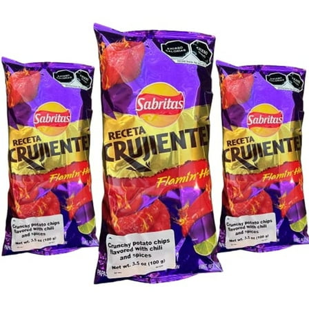 Sabritas Receta Crujiente Flamin Hot (3 Pack) 3.5 Oz - Mexican Large Chips - Botanas Mexicanas Bolsa Grande