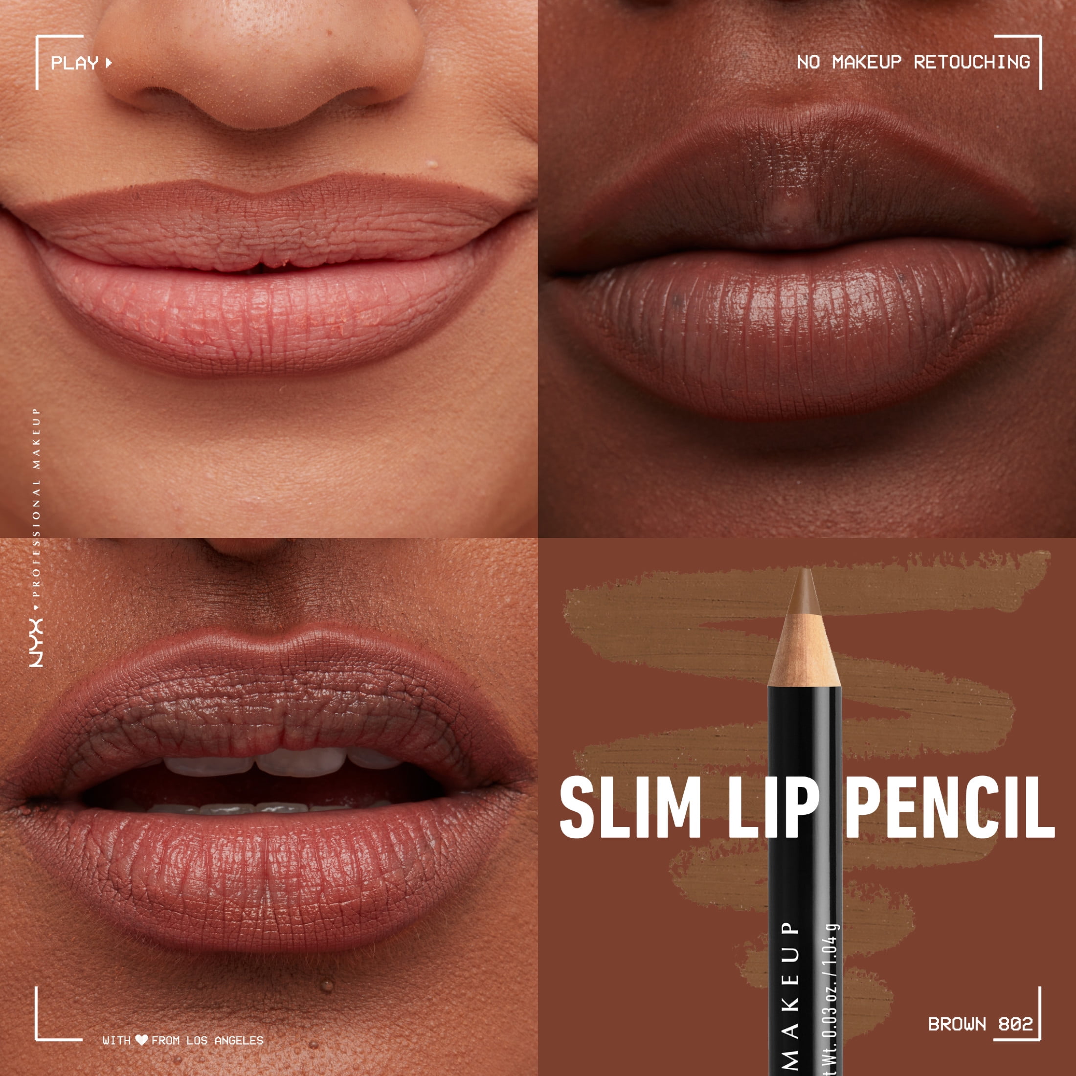 (3 pack) NYX Professional Makeup Slim Lip Pencil, Long-Lasting Creamy Lip Liner, Brown