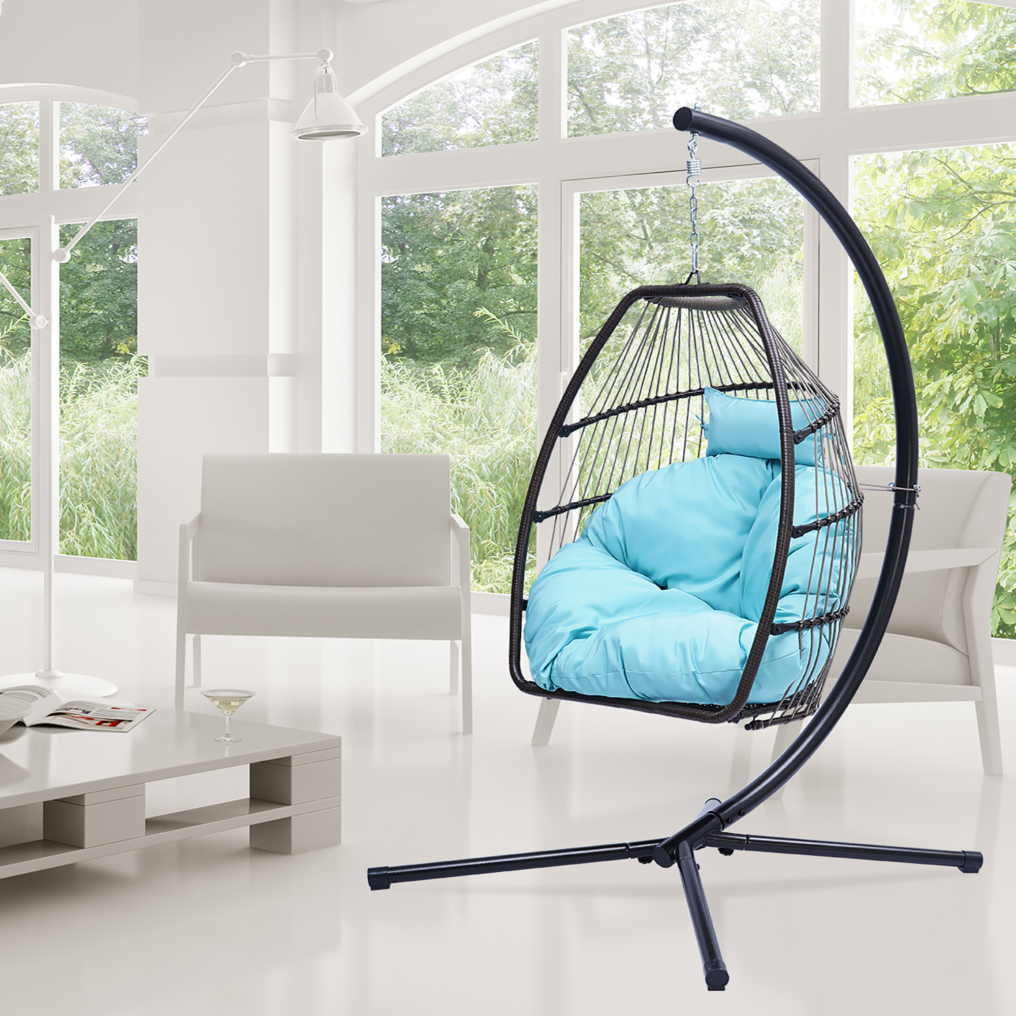 UHOMEPRO Wicker Hanging Egg Chair, Outdoor Patio Furniture with Light Gray Cushion, Hanging Egg Chair with Stand, Swinging Egg Chair, Outdoor Chair for Beach, Backyard, Pool, Balcony, Lawn, W11051 - image 2 of 6