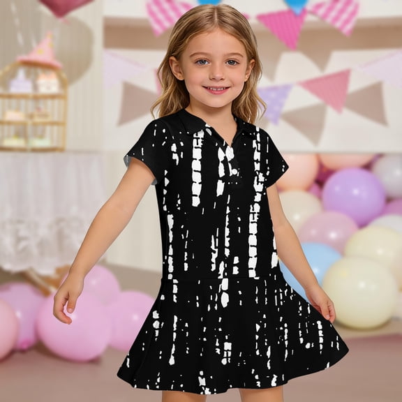 CCRFTGI Girls Dresses Polo Dress Size 7-8 Back To School Short Sleeve Uniform Cute Polka Dots Pleated Flare Skater Polo Dresses Summer Button Collared Pique Polo Dress Black 5-6 Years