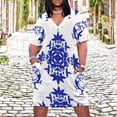 thumbnail image 2 of Blue Birds Floral White Pattern Summer Sundress for Curve Women Casual Pattern Plus Size V Neck Short Sleeve Loose Fit Oversize Dresses, 2 of 6