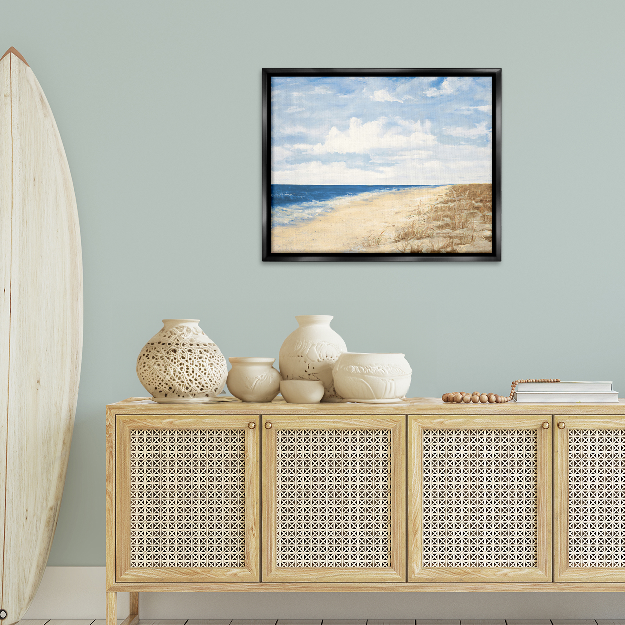 Stupell Industries Calm Beach Painting Coastal Painting Black Floater Framed Canvas Art Print Wall Art, 31 x 25