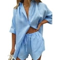 thumbnail image 2 of KOMOO Women 2Piece Shorts Outfits Casual Cotton Linen Set  Button Shirts Tops Drawstring Shorts Set, 2 of 4
