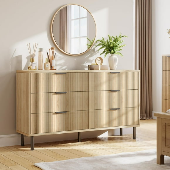 EDTara Wave Fluted 6 Drawer Dresser, 55'' Wide Chest of Drawers with Anti-Tipping Device, Large Wood Nightstand with Storage and Metal Legs for Bedroom, Hallway, Entryway, Small Spaces