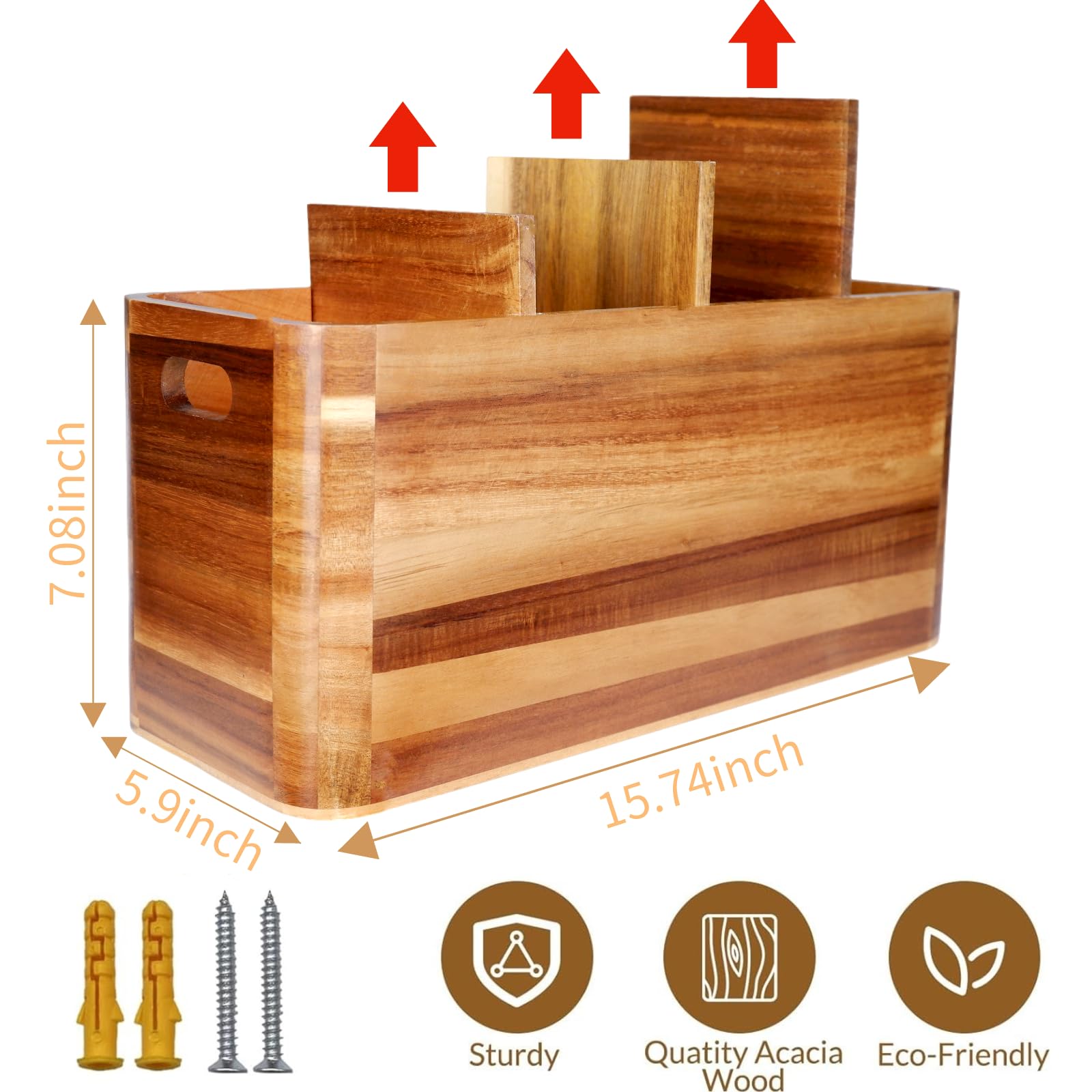 Wooden Utensil Holder for Counter or Countertop, Large Wooden Utensil Holder for Storage Cooking and Silverware with 4 Compartment, Acacia Rustic Wood Container Extra Large