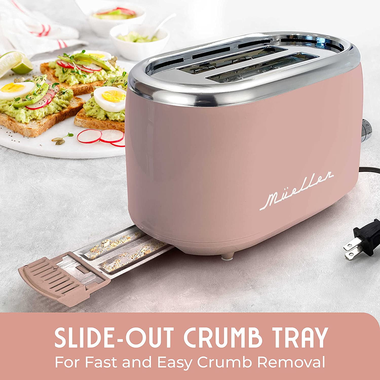 MÜELLERHOME Retro Toaster 2 Slice, 7 Browning Levels, 3 Functions (Reheat, Defrost, Cancel), Stainless Steel Features, Removable Crumb Tray, Under Base Cord Storage, Pink Kitchen Accessories Décor
