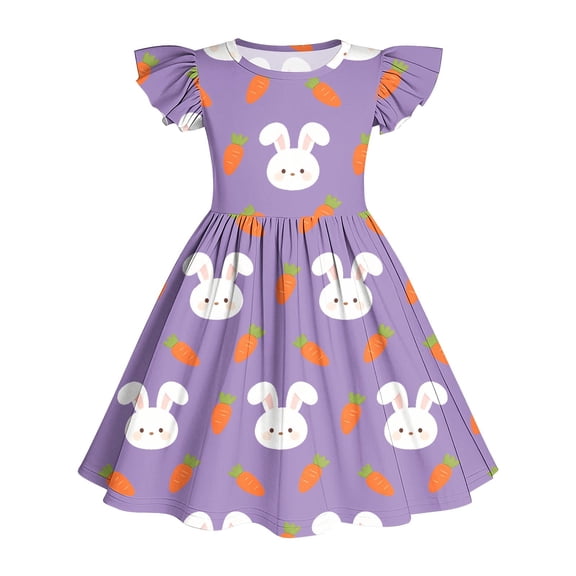 SGFCWSX Girls Party Dress Bunny Print Ruffle Short Sleeve Twirl Dress for Casual Daily Wear Purple Size 13-14 Years