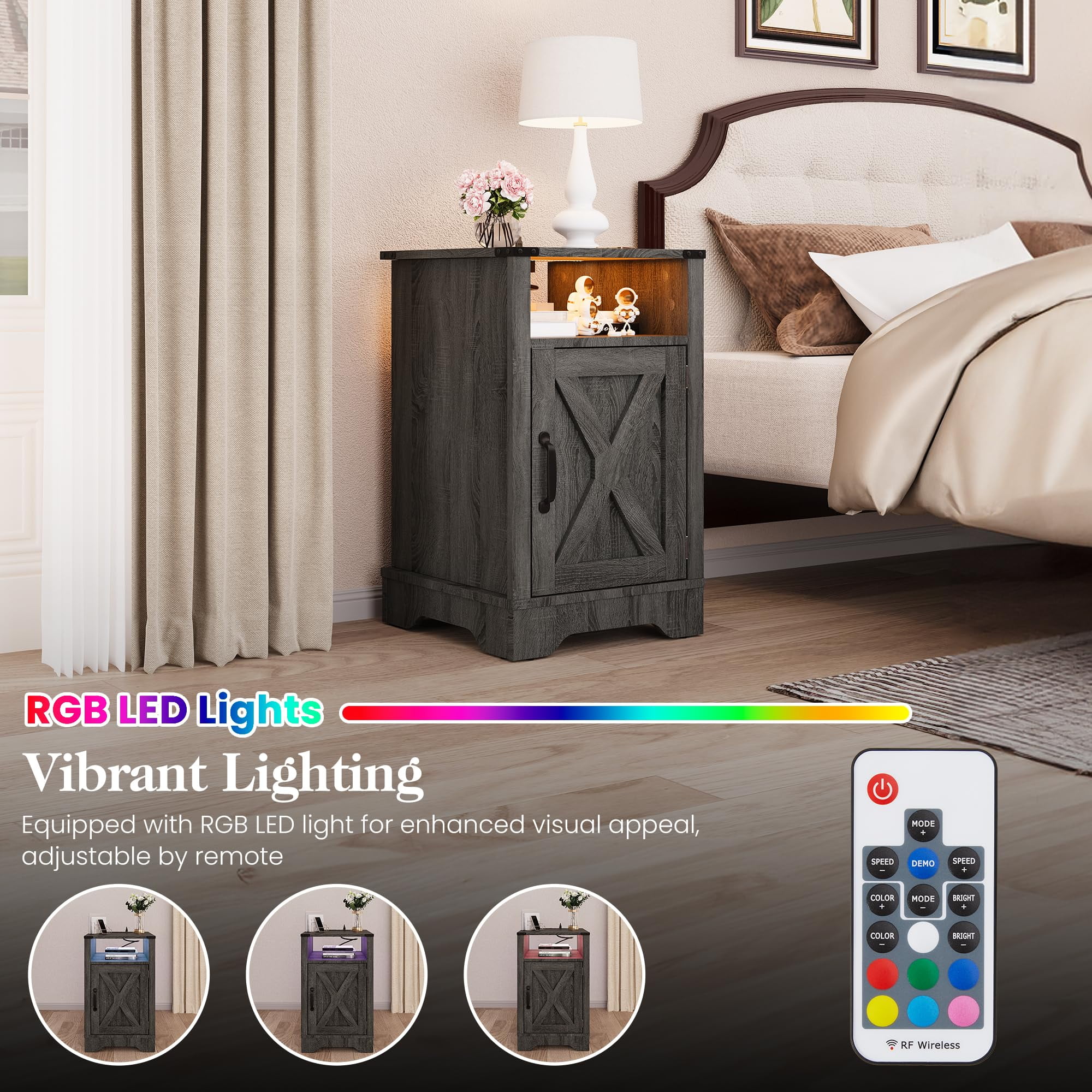 Mayincolor LED Nightstand with Charging Station, Farmhouse Wooden Side Table, Bedside Table with Storage Cabinet and Shelf, Rustic End Table for Bedroom, Living Room, Dark Gray
