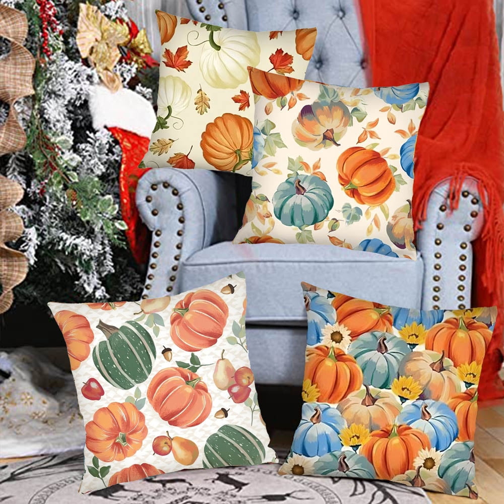 Fall Pillow Covers 18x18 Set of 4 Farmhouse Pumpkin Pillow Covers Decorations Linen Cushion Case