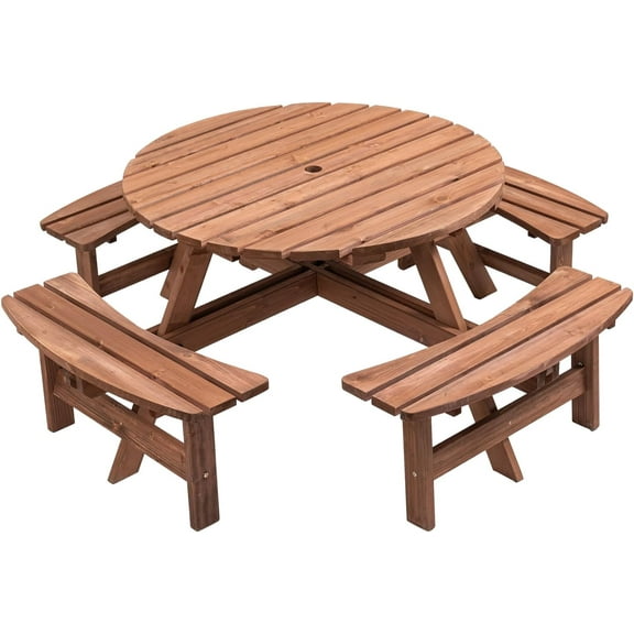 8 Person Wooden Picnic Table, Outdoor Round Picnic Table with Umbrella Hole and 4 Built-In Benches, Outside Picnic Table And Bench Set for Garden, Backyard, Patio, 500lbs Capacity Per Bench (Brown)