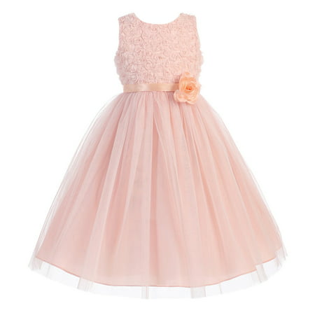 Girls Peach Rosette Top Tulle Sash Sleeveless Junior Bridesmaid Dress ...