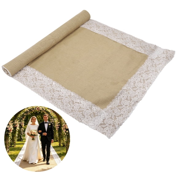 Burlap Aisle Runner with Lace Border, 35.8 in x 13.1 ft Natural Jute Wedding Walkway, Rustic Ceremony Mat for Reception, Garden Party Event Decor