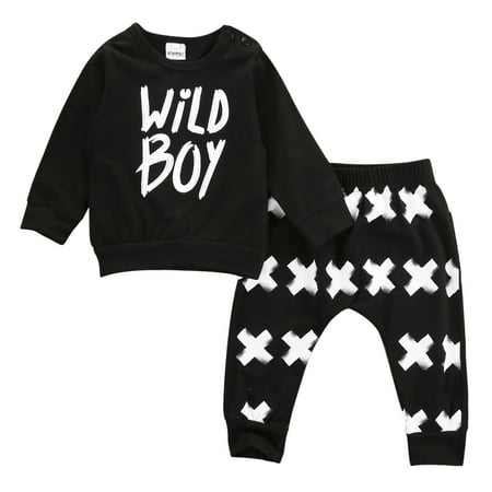 

jaweiw Newborn Baby Boys 2Pcs Outfits Wild Boy Letter Print Long Sleeve Sweatshirt Tops + Geometric Print Pants