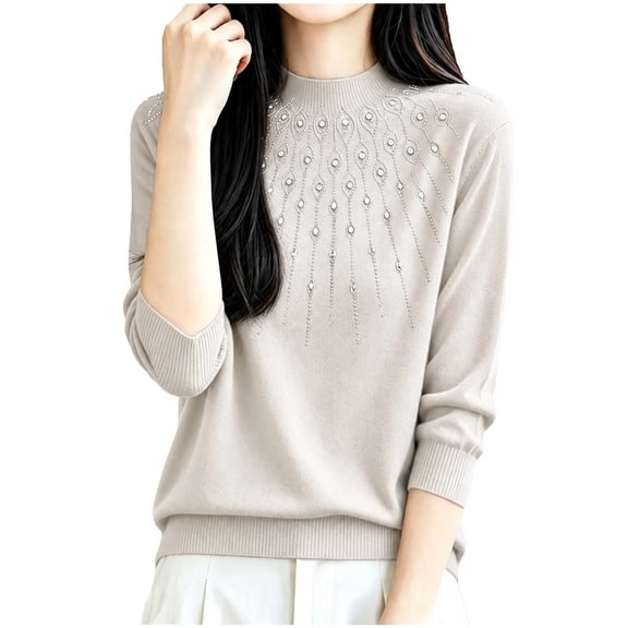 FRSASU Women's Mock Neck Rhinestone Embellished Knit Sweater 3/4 Sleeve Relaxed Solid‑Color Pullover Knit Tops White
