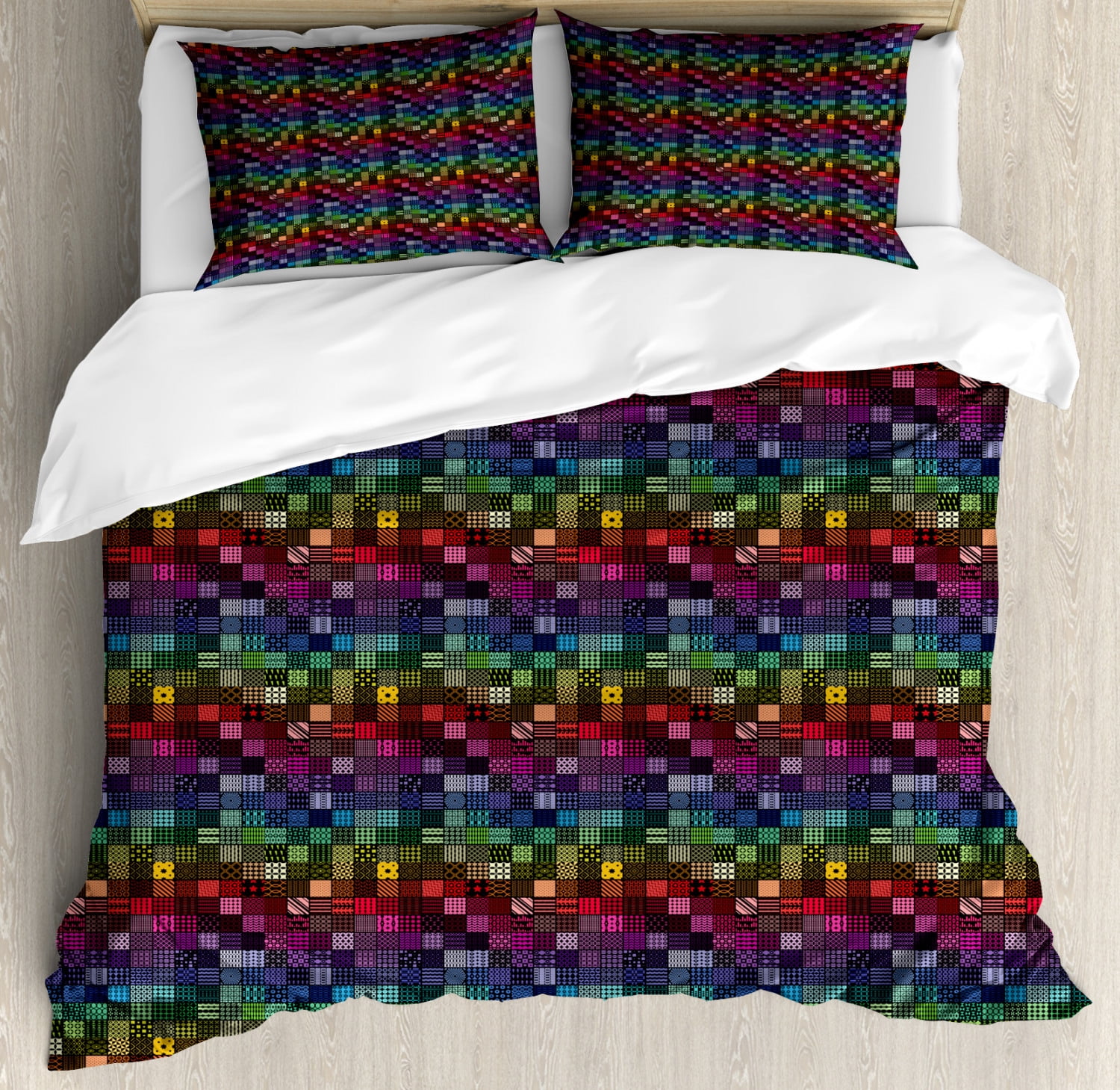 Patchwork Duvet Cover Set King Size, Squares Tile Design with Ethnic