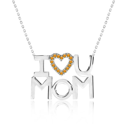JeenMata I Love U Mom Yellow Stone Embellished Open Heart Pendant Necklace in 18K White Gold over Silver - November Birthstone - Gift for Mom