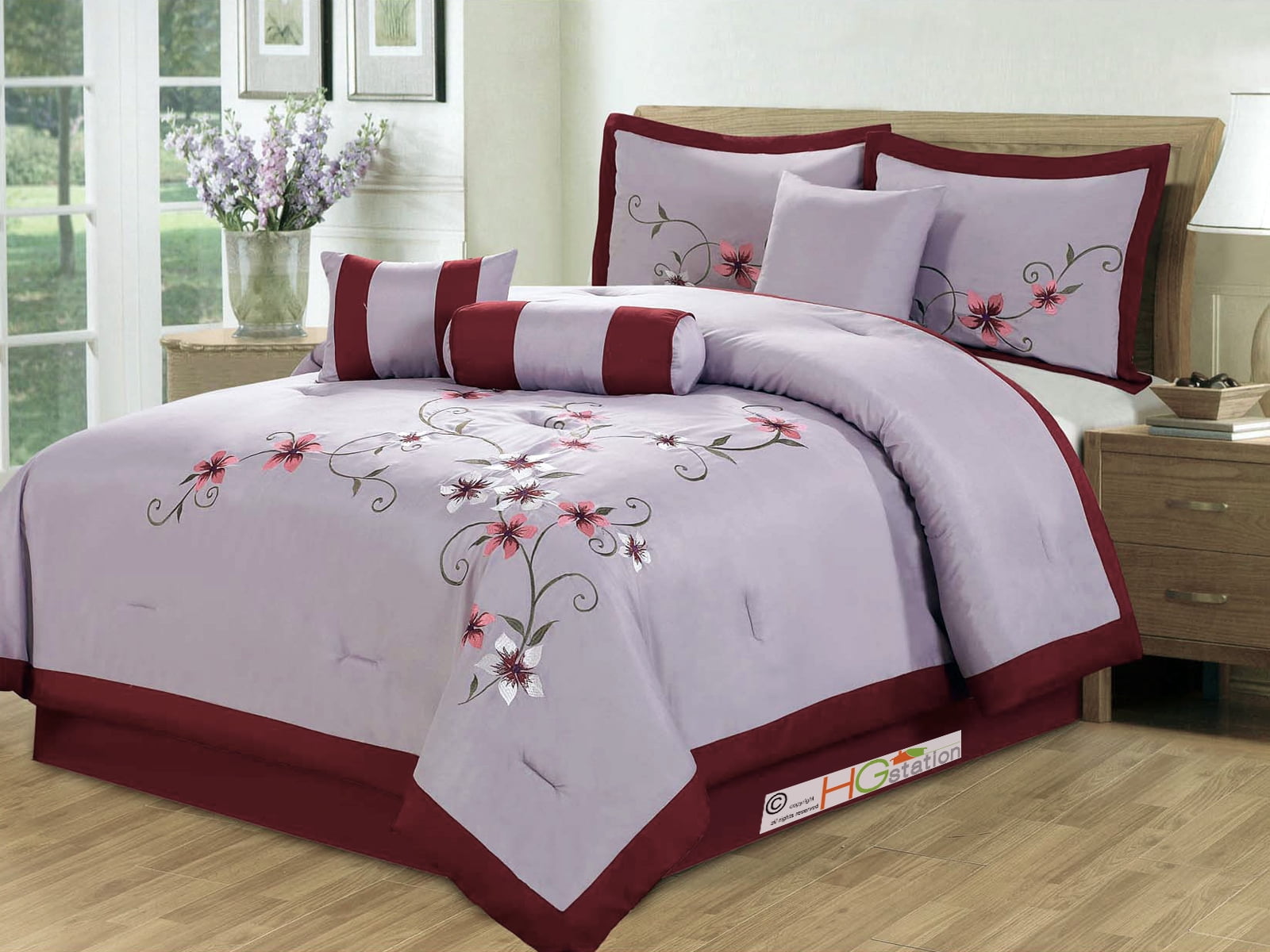 7Pc Periwrinkle Floral Embroidery Comforter Set Queen Purple Lilac Burgundy