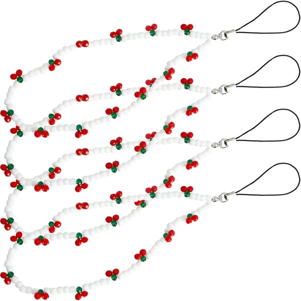 4 piezas de lindas cuentas de cereza para teléfono, cordón artesanal para muñeca, accesorios para teléfono