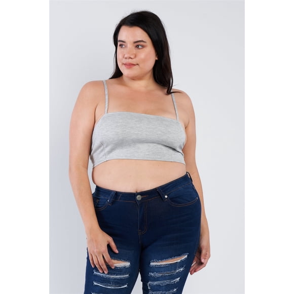 Saronite Basics Crop Top à Encolure Carrée Rayée Ouverte, Gris (Femme Plus)