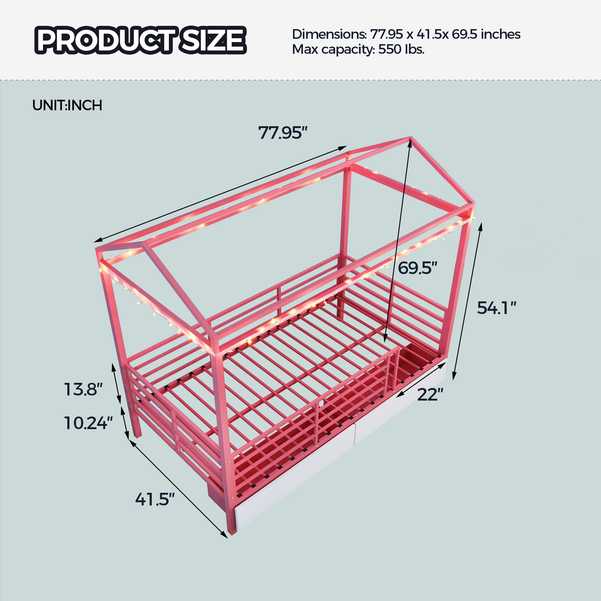Mintazer Twin Size Metal House Bed with 2 Drawers, Kids Floor Bed with Guardrails for Boys & Girls, Pink