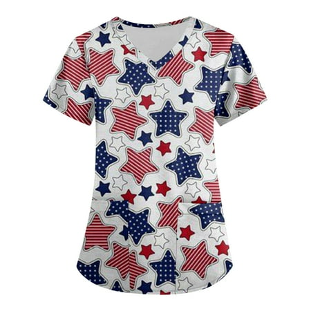 

TQWQT Womens Scrub Tops Printed 4th Of July Scrub Tops Stars Striped Flag Top Independence Day Shirt Summer Short Sleeve Shirt White XL