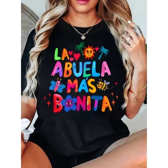Retro La Abuela Mas Bonita Graphic T-Shirt for Women - Colorful Spanish Grandmother Gift Tee - Trendy Summer Short Sleeve Top - Cute Grandma Birthday Apparel - Vibrant Aesthetic Spanish Quote Shirt