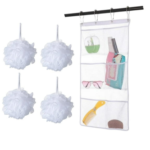 4 Pcs Bath Shower Sponge Loofahs 60g With Mesh Shower Organizer Hanging Save Space, Mesh Pouf Shower Ball Big Body Buff Puff in Bulk,Comfortable and Soft Mesh Bath Loofah,Set of 5(white)