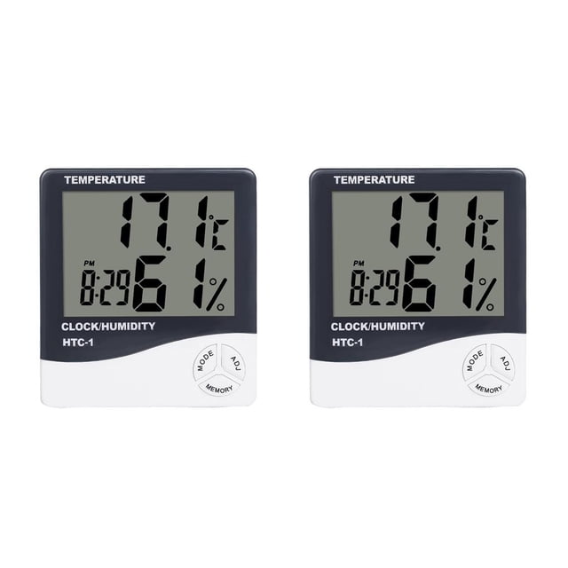 Injueey Mini termómetro digital Medidor de humedad Temperatura ambiente Interior LCD Despertador Higrómetro 9.5 cm * 10.5 cm 2piezas