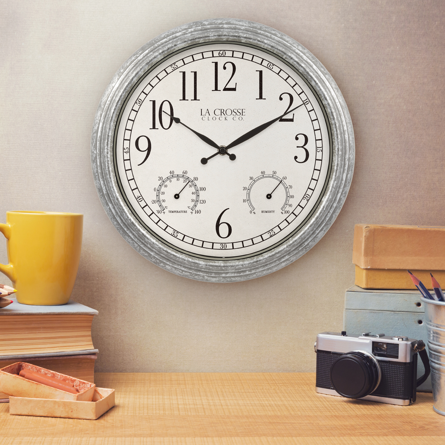 La Crosse Clock 14 inch Silas Indoor/Outdoor Galvanized Quartz Analog Wall Clock,  433-3236