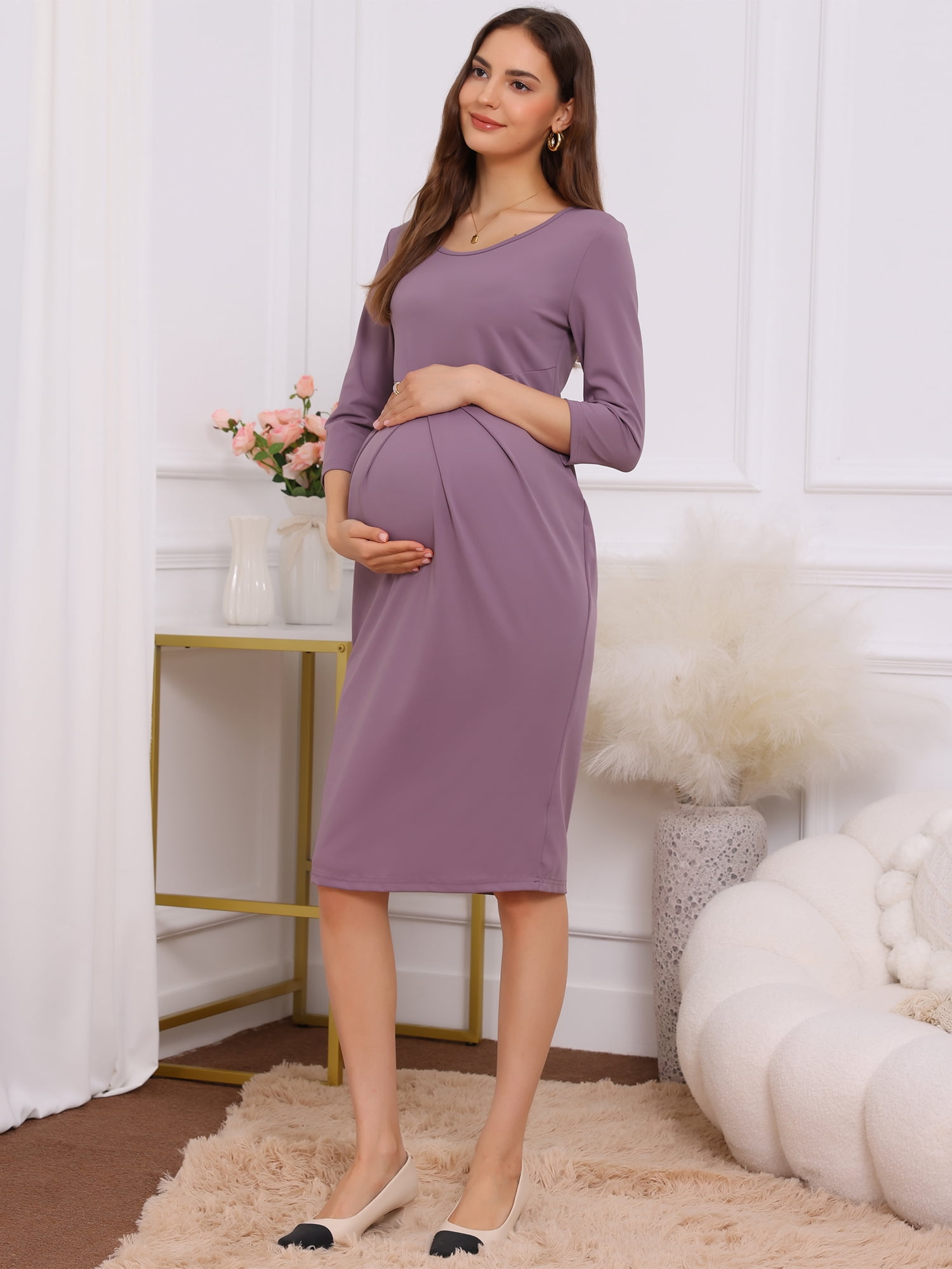DARING DIVA Women's A-line 3/4 Sleeves Front Pleated Maternity Dresses S Mauve