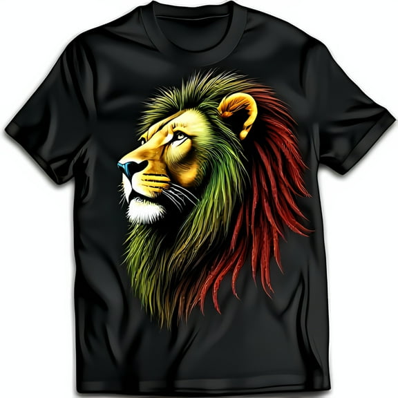 Majestic Lion Graphic T-Shirt Detail with Vibrant Colors on Black