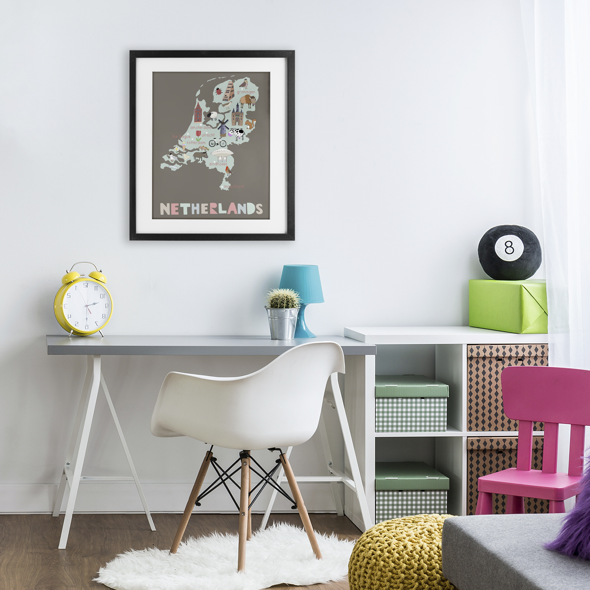Kid's Map of Netherlands Black Framed Print Under Glass, design by Carla Daly