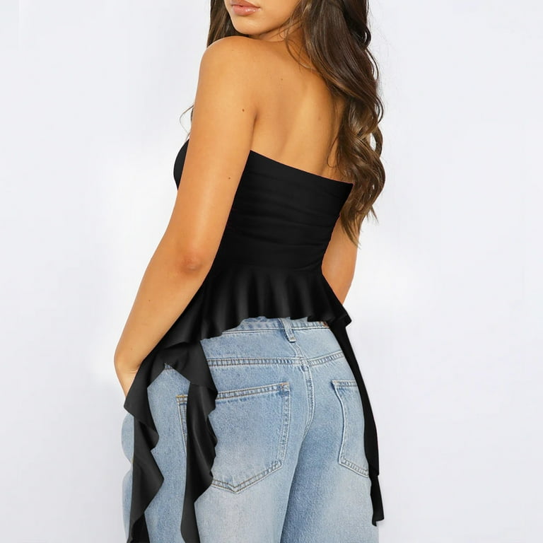 HaoXianJian Women Strapless Top Ruffled Asymmetrical Hem Tube Top - Main Image