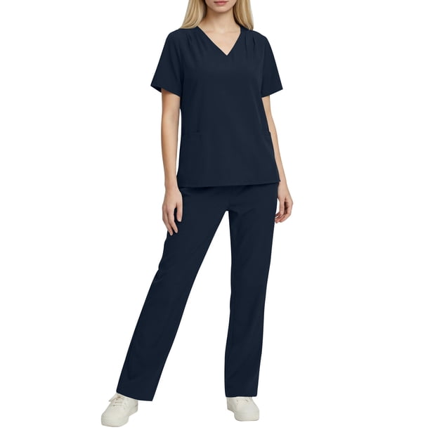 Conjunto de uniforme médico para mujer, color sólido, 2 piezas, camiseta de manga corta con cuello en V y pantalones con cintura elástica, uniforme de enfermería con bolsillos.