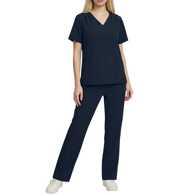 Conjunto de uniforme médico para mujer, color sólido, 2 piezas, camiseta de manga corta con cuello en V y pantalones con cintura elástica, uniforme de enfermería con bolsillos.