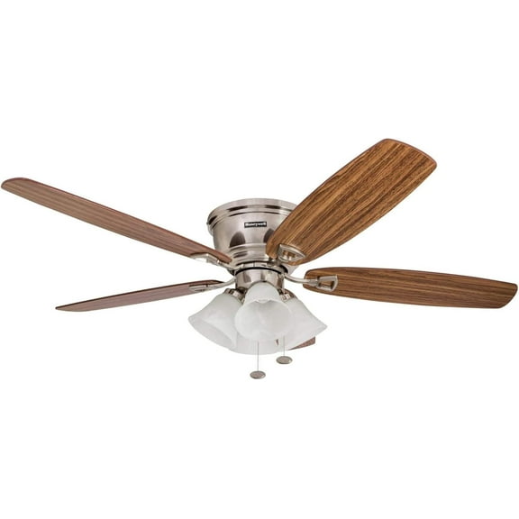 52 Inch Classic Flush Mount Indoor LED Ceiling Fan with Light, Pull Chain, Quick-2-Hang Dual Finish Blades, Reversible Motor  (Brushed Nickel)