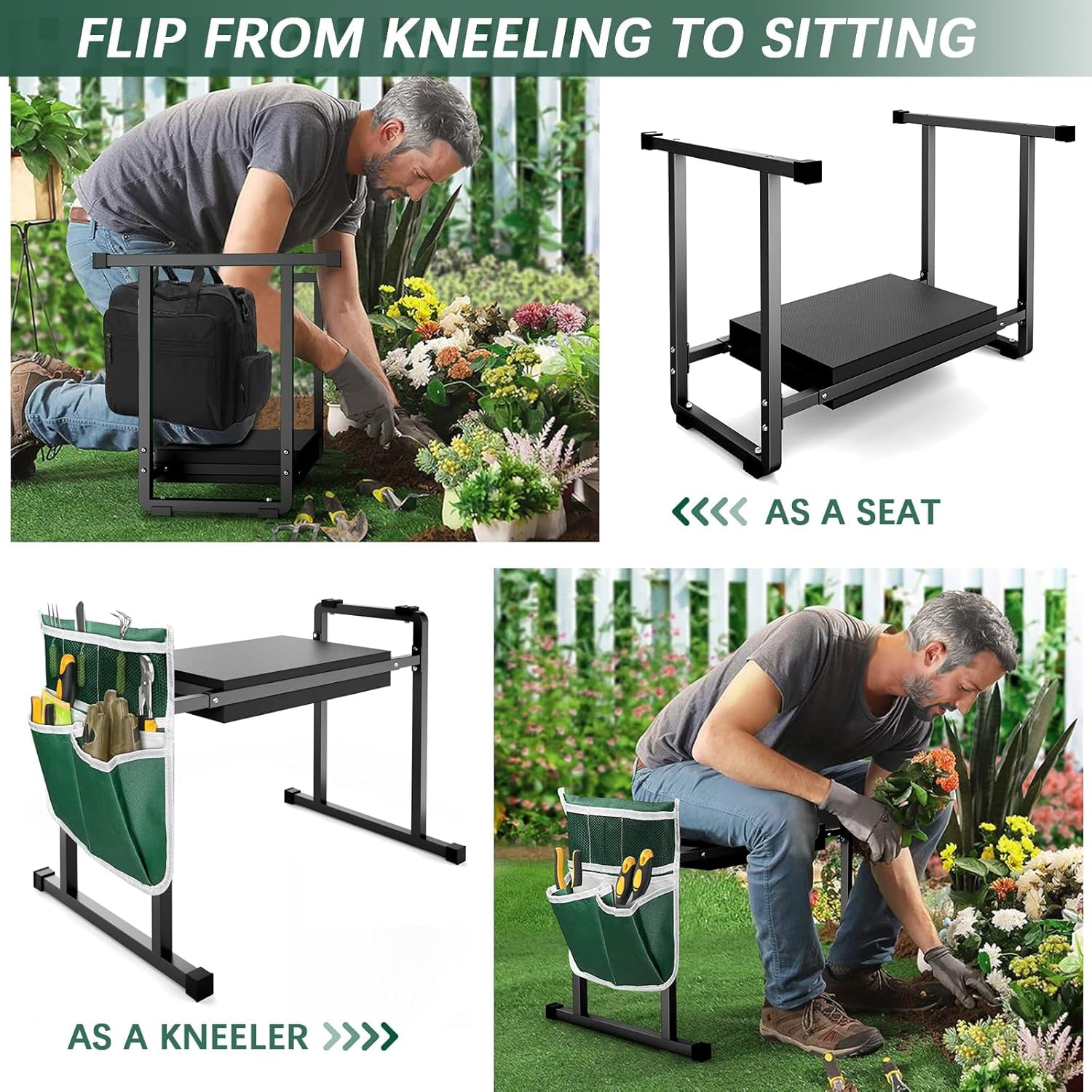 Garden Kneelers Seat, Stable and Save Anti-Tipping Design 10.2 Wider Garden Kneeler and Seat with Handle, Heavy Duty Gardening Stool for Seniors, Gardening Weeding Bench for Gardeners Parents - Black